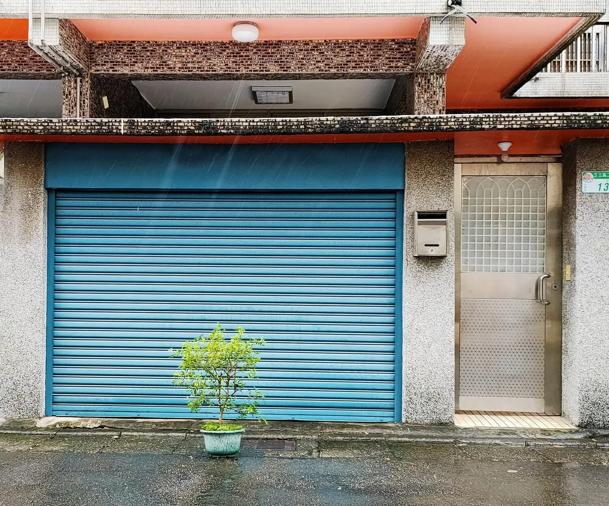 Rideau métallique bleu baissé sur un local en rez-de-chaussée, porte vitrée à côté et petit arbre en pot sur le trottoir mouillé